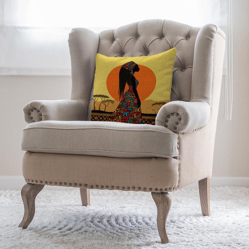 Moslion African Pillow Cover African Woman in a Bohemian Dress Ethnic Throw Pillow Case 18x18 inch Cotton Linen Square Cushion Decorative Cover Sofa Bed Yellow Black - Image 2